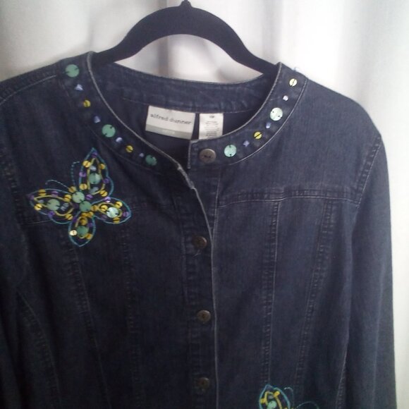Alfred Dunner Jean Jacket 10P 10 Petite Button Up Butterfly Beading Denim Blue - Picture 6 of 15